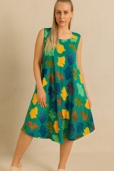 ihaoo Green flowy dress with colorful leaf print