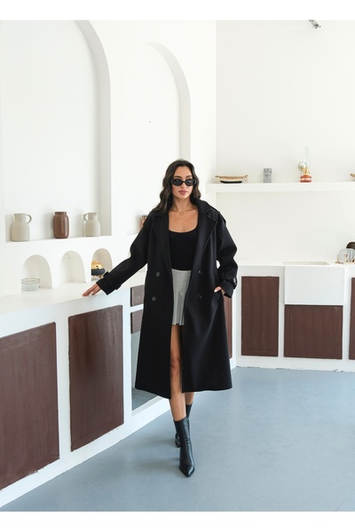 Le Savu Shilsee Women's Black Double-Breasted Collar Belted Apollet Pocketed Coat