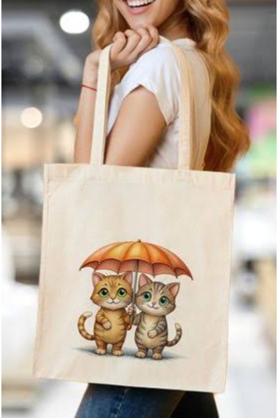 hambez çanta 2 Raw Cloth Bags with Double Cat Print