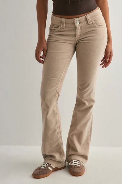 VibeGaia Beige Low Waist Spanish Leg Velvet Double Stitched Flare Pants