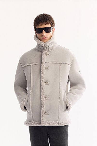 Avva Men's Gray Fur Collar Napa Comfort Fit Coat A52Y6055