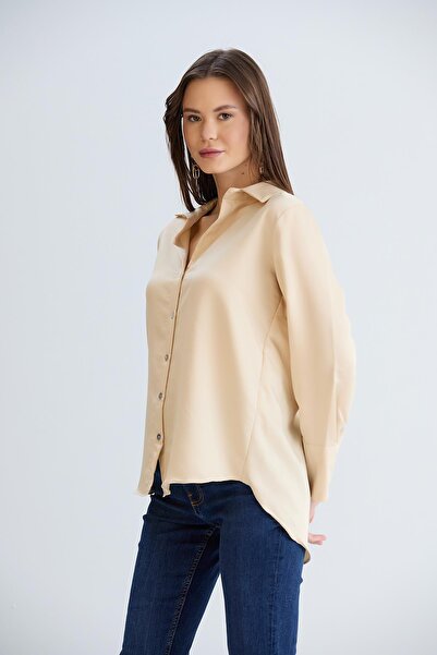 Sortie Women's Beige Color Long Sleeve Relaxed Fit Midi Length Front Short Back Long Cuffed Linen Shirt