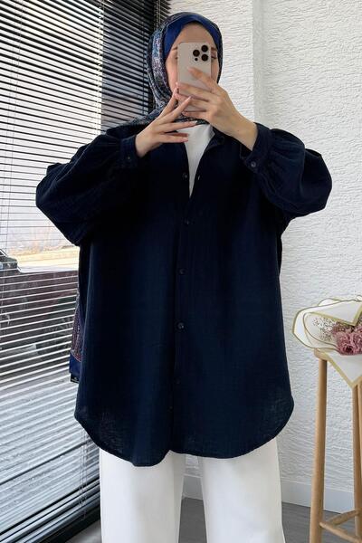 MELEK ARAZ Oversized Muslin Tunic with Buttons – Navy Blue