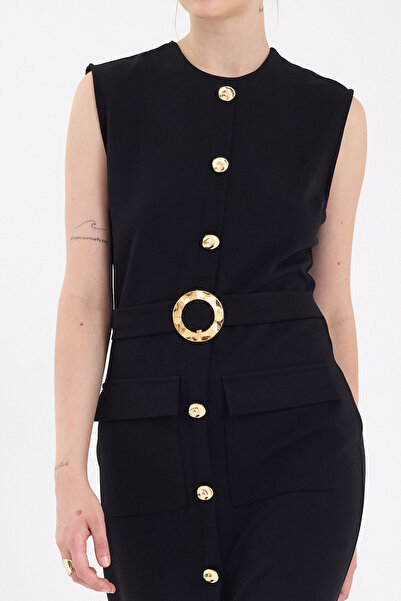 Rays Siyah Gold Düğme Detaylı Kemerli Midi Elbise 8085A