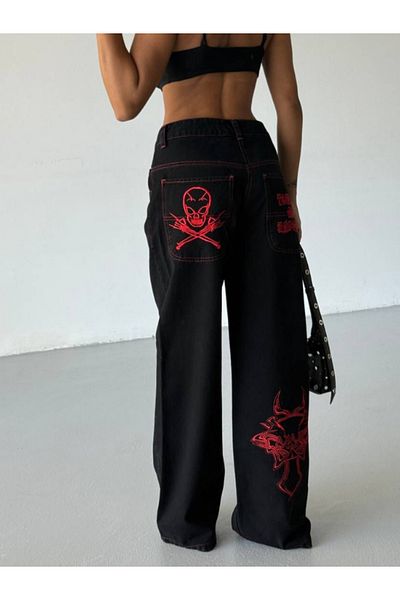 Chirkef Soft Gradient Black Back Pocket and Leg Red Skull Printed Baggy 100% Cotton Wide Leg Pants Dn
