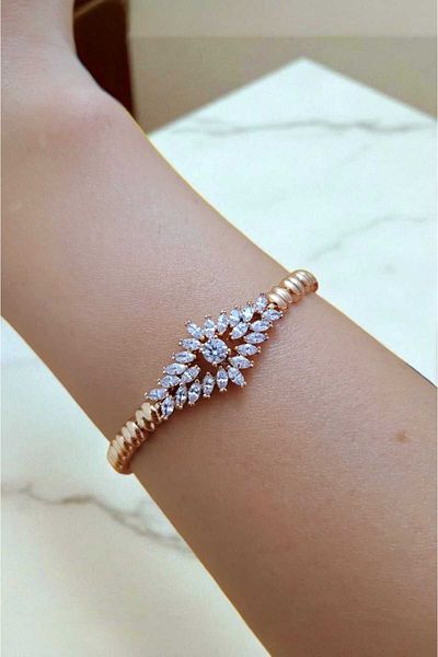 Atölye Olcay Eser Vip Guaranteed Steel Tarnish-Free Gold Antiallergic Zircon Stone Detailed Chain Bracelet