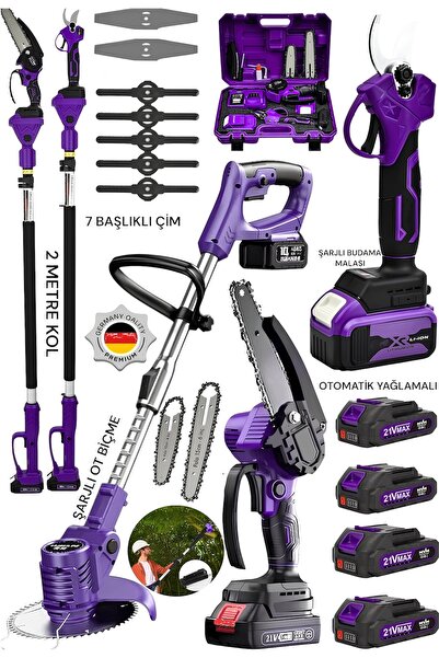 SCHUTZENGER 4'Set Şarjlı Çim Ot Biçme Tırpan-Teleskopik Kol 2mt-Dal Budama Ba...