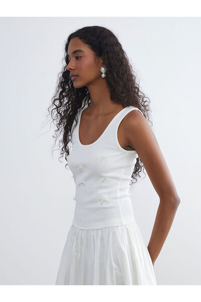 LC Waikiki Quality Parts from Celebi Store |   U Neckline Beaded Bow Blouse