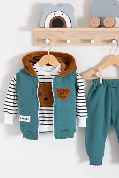 Babydonat Baby Boy 3-Piece Plush Teddy Bear Embroidered Tracksuit Set - Hooded Vest