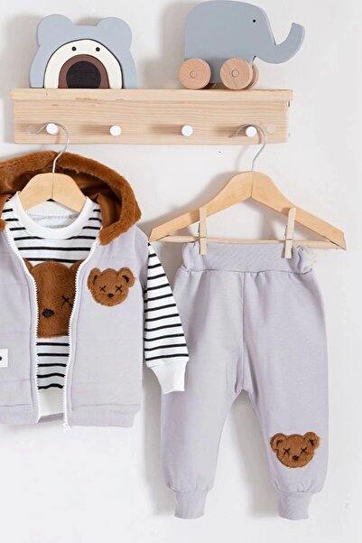 Babydonat Baby Boy 3-Piece Plush Teddy Bear Embroidered Tracksuit Set - Hooded Vest