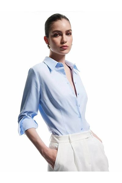 Koton Regular Fit Classic Collar Light Indigo Women's Shirt 6Wak60035Uw