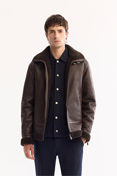 Avva Men's Brown Fur Collar Leather Look Napa Comfort Fit Coat A52Y6060