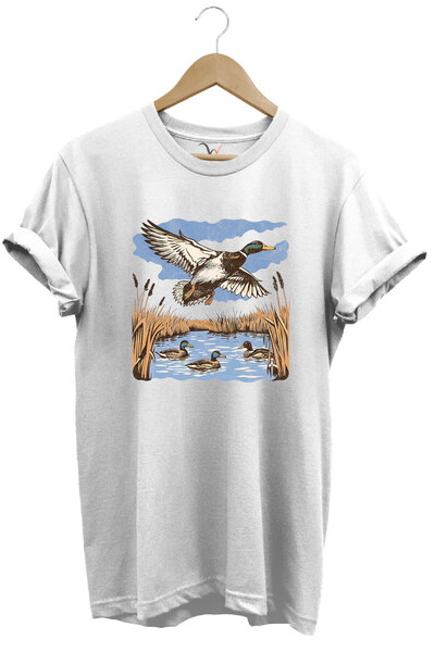 WİDİ Hunting Hunting Duck Hunting Reeds Lake Printed 100% Cotton Regular Fit Unisex T-Shirt
