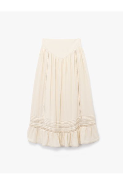 Koton Scalloped Embroidered Midi Length Flared Viscose Skirt