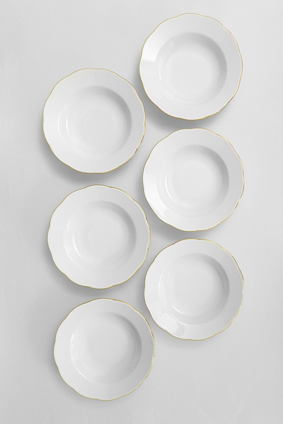 RUBİ PORSELEN Gold Gilded Porcelain Dinner Plate Set for 6 - Set