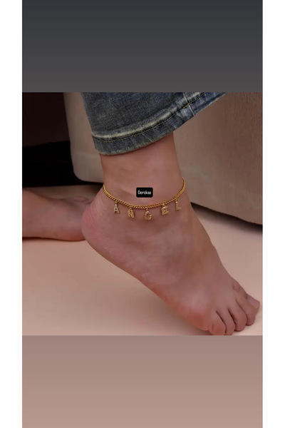 derokas İsim’li Çelik Halhal Zirkon Taşlı Altın Kaplama Harfli Zarif Şık Yeni Ürün Trend