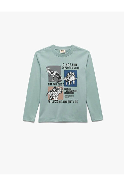 Koton Βαμβακερό μπλουζάκι με λαιμόκοψη Dinosaur με στάμπα πράσινο για αγόρια μακρυμάνικο μπλουζάκι 6Wkb10123Tk