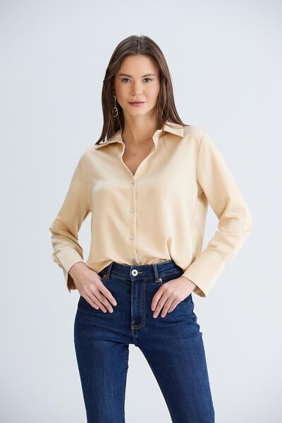 Sortie Women's Beige Color Long Sleeve Relaxed Fit Midi Length Front Short Back Long Cuffed Linen Shirt