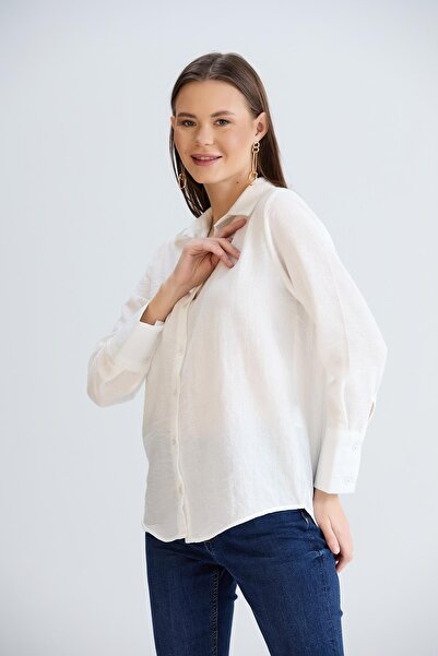 Sortie Women's Ecru Color Long Sleeve Relaxed Fit Midi Length Front Short Back Long Cuffed Linen Shirt