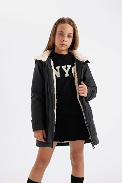DeFacto Water Repellent Hooded Black Girl's Raincoat & Windbreaker C5229A8/Bk27