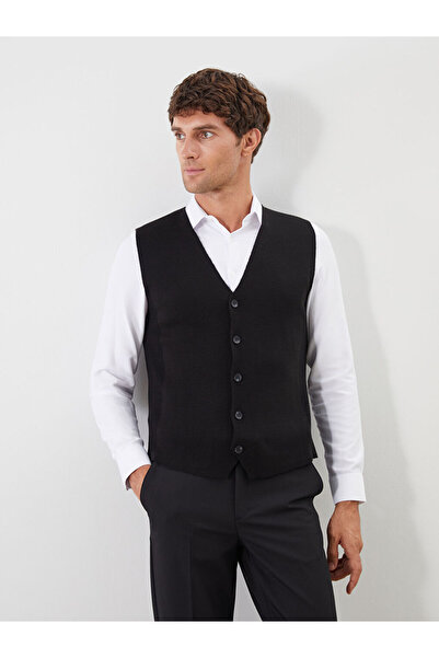 LC Waikiki Black Standard Fit V-Neck Men's Knitwear Vest