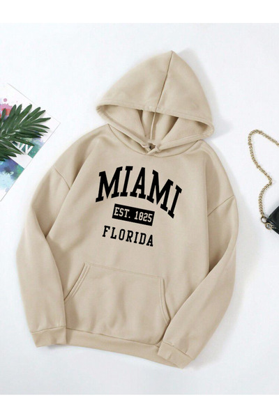 DEEPSENCE Unisex Beige Hooded Oversize Sweatshirt Miami Black Printed Design