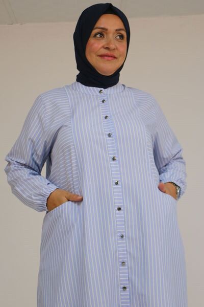 Eslina 48072-1 Plus Size Tunic with Elastic Sleeves - Striped Blue
