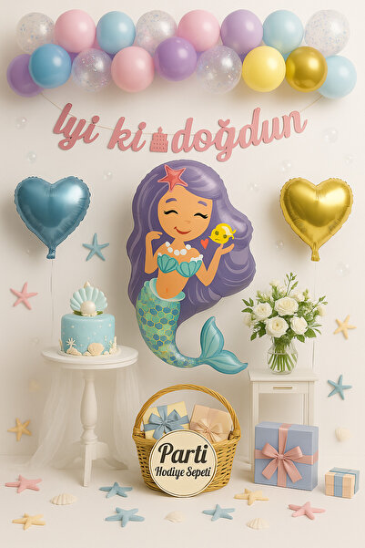 parti hediye sepeti Deniz Kızı Folyo Balon Seti | İyi Ki Doğdun Banner & Kalp Balon Parti Süsleri