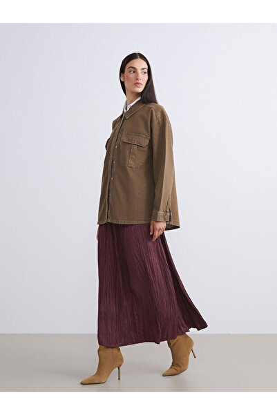 LC Waikiki Lcw Modest Burgundy Elastic Waist Satin Pleated Skirt