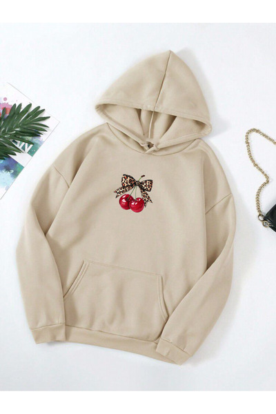 DEEPSENCE Women's Beige Hooded Oversize Swetashirt Cherry Printed Design