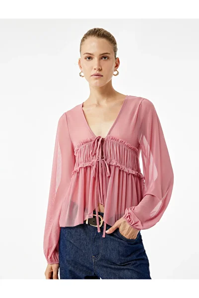 Koton Long Sleeve Tie-Up Bow Detail Semi-See-Through V-Neck Ruffle Blouse