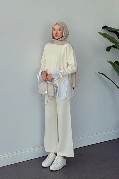 Hazamoda Turuva Gömlek Detaylı Triko Takım Krem