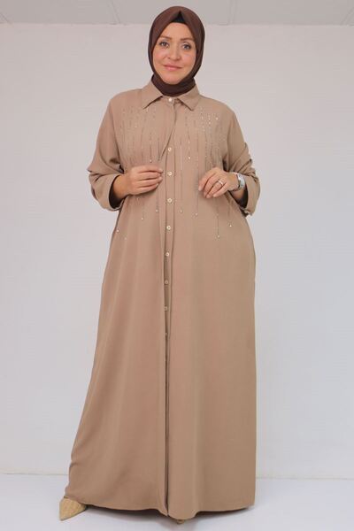 Eslina 56018 Büyük Beden Taş Baskı Detaylı Krep Ferace - Bej