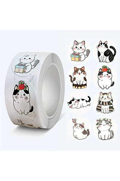 hdcw 500 ADET 2.5cm RULO YAPIŞKANLI SEVİMLİ KEDİLER TASARIMLI STICKER ETİKET PAKETLEME