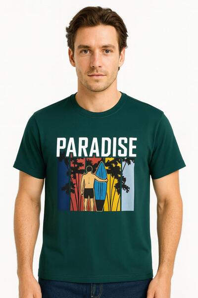Generic Men’s Printed T-Shirt – “PARADISE” Graphic Casual Short Sleeve Cotton Blend Tee