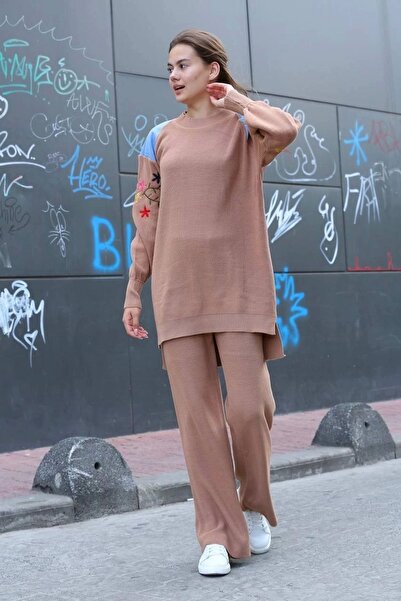 Ruby Shoulder Detailed Sleeve Embroidery Double Bottom Top Knitwear Set Mink