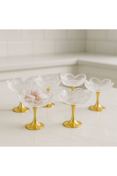 FAIR HOME Long Metal Gold Leg Lotus Flower Coffee Side Glass Turkish Delight Set - 6 Pieces