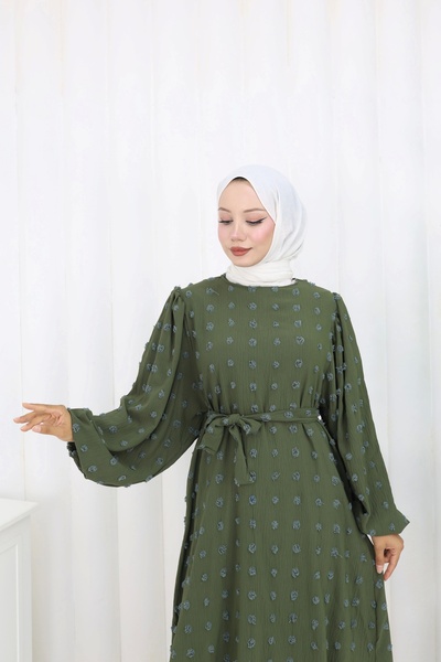 Moda MSK Pompom Detailed Belted Dress Khaki