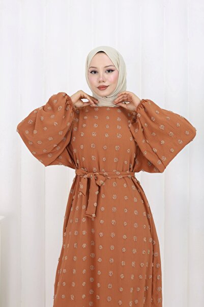 Moda MSK Φόρεμα με λεπτομέρεια Pompom και ζώνη καφέ