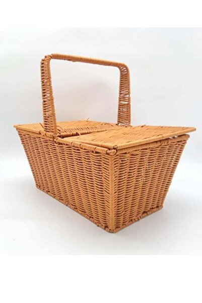 Generic Hand-Woven Wicker Picnic Basket Square Double Lidded Fruit Basket wit...