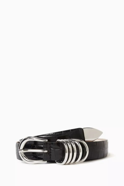 Dehanche Hollyhock Crocodile Pattern Cowhide Belt Black with Five Rings Itali...