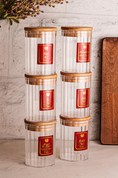 Snippy Set of 6 Wooden Vacuum Plastic Storage Containers with Lids Label Storage Container Spice Rack Set