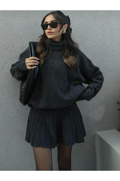 NZL TEKSTİL Dgn's 2-Piece Pleated Skirt - High-Necked Sweater Women's Knitwear Skirt Bottom Top Set