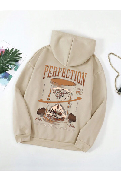 DEEPSENCE Unisex Beige Hooded Oversize Sweatshirt Perfection Back Printed Design