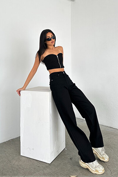 kleshus بنطلون كاندي أليسيا ليكرا نسائي أسود فضفاض عالي الخصر من الدنيم