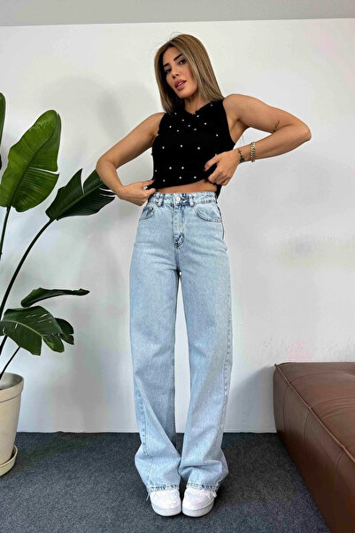 kleshus بنطلون جينز نسائي من الليكرا متوسط ​​اللون أزرق ثلجي عالي الخصر فضفاض