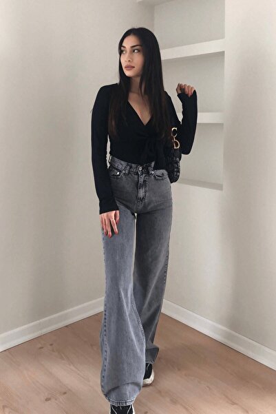 kleshus بنطال جينز نسائي من الدنيم بخصر عالٍ وواسع الساق مريح من الليكرا