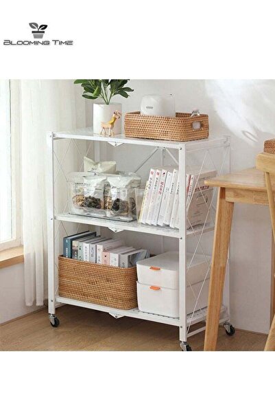 Generic رف تخزين قابل للطي بثلاث طبقات من بلومينج تايم مع عجلات عالمية، مناسب لأي مناسبة، لون أبيض
