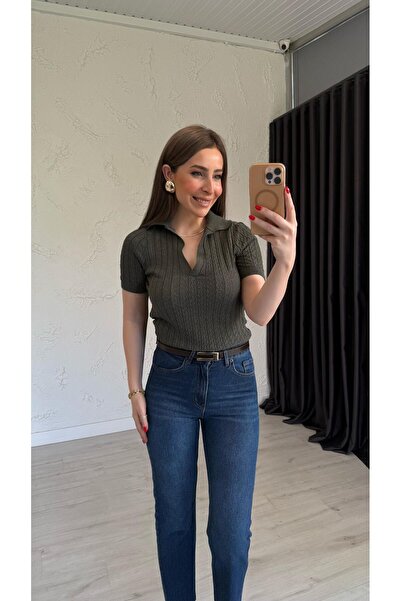 elif teke Bluză tricotată cu mânecă scurtă kaki