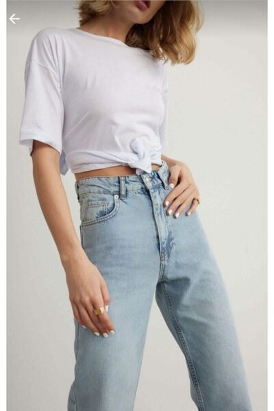 kleshus بنطلون بالازو جينز فضفاض عالي الخصر من الليكرا باللون الأزرق المغسول ...